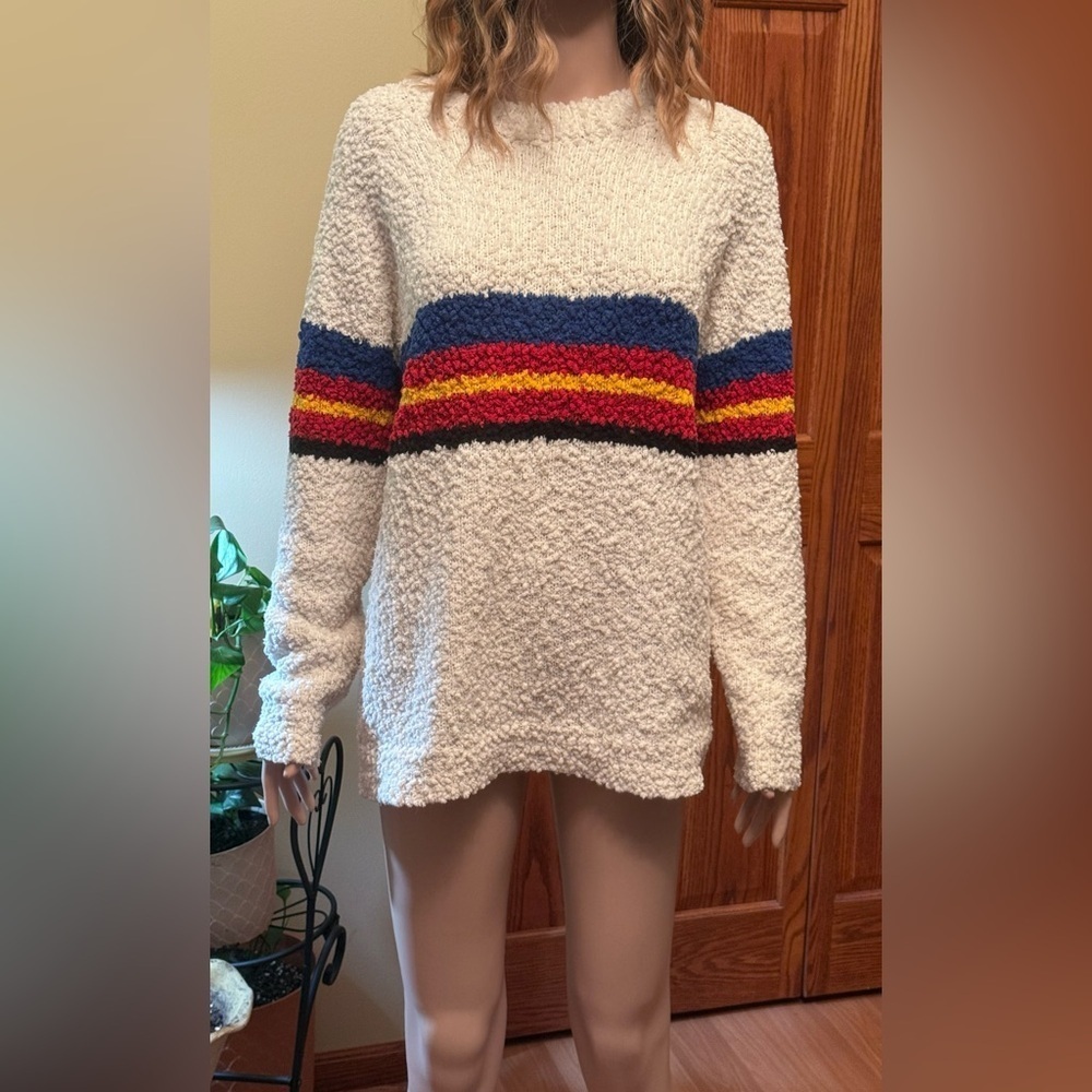 Polagram Cream Sweater with Multicolor Stripes Sz Medium Popcorn Pattern Stretch